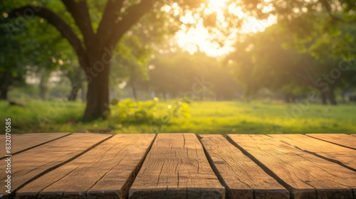 Wooden table with a sunny park background