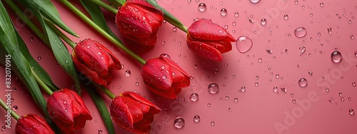 Bouquet of red tulips with water drops on pink background