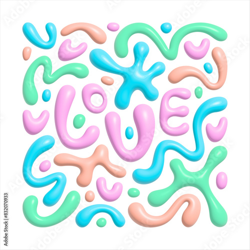 3d abstract illustration, plasticine effect. Word LOVE with blobs, hearts, doodles, blots, groovy bold lines, wavy stripes, squiggles inscribed in a square. Organic shapes. Editable colors.