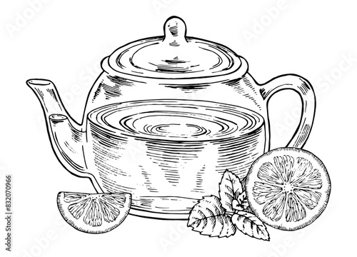 Tea Pot Vector outline illustration. Drink with lemon and mint sketch drawing. Transparent glass kettle black line art. Editable composition with food. Graphic clipart for vintage prints