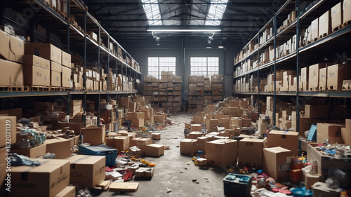 A cluttered warehouse with miscellaneous items scattered around, giving a sense of organized chaos, and a team working to sort through, Generative AI photo