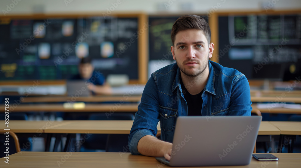 A concentrated young man sitting in a classroom works on a laptop, denoting dedication to learning and technology in education A concentrated young man sitting in a classroom works on a laptop, denoting dedication to learning and technology in education