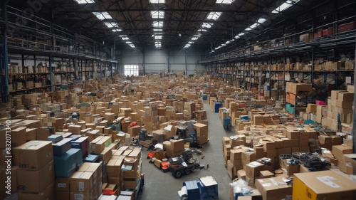 A cluttered warehouse with miscellaneous items scattered around, giving a sense of organized chaos, and a team working to sort through, Generative AI