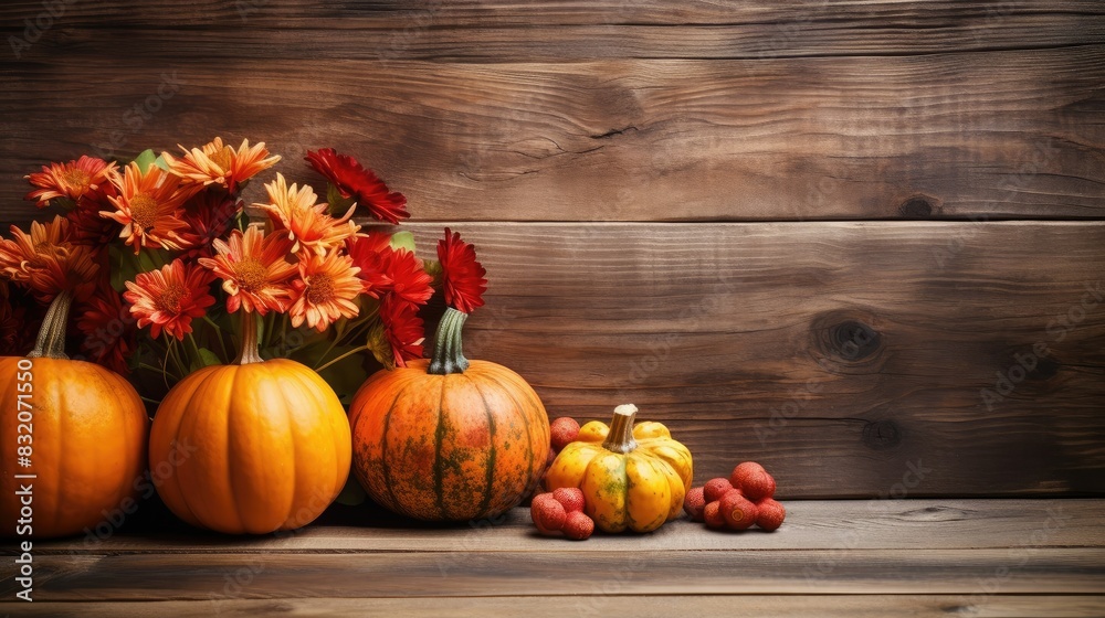 autumn pumpkins and fall decor on a rustic wood background with copy space autumn pumpkins and fall decor on a rustic wood background with copy space