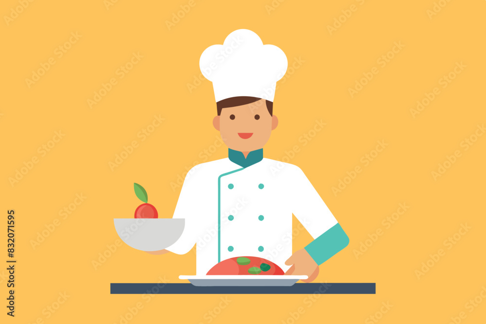 The cook is in a traditional white uniform with green accents. He is smiling and holding a plate of whole fried chicken garnished with vegetables. May be related to cooking, chef arts, catering or hea The cook is in a traditional white uniform with green accents. He is smiling and holding a plate of whole fried chicken garnished with vegetables. May be related to cooking, chef arts, catering or hea