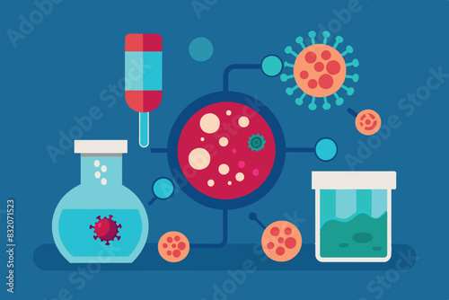 A science laboratory focused on microbiology and biochemistry. It shows various laboratory instruments, flasks, test tubes, microscopes and petri plates with colorful substances and cells.