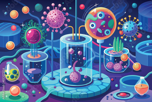 A science laboratory focused on microbiology and biochemistry. It shows various laboratory instruments, flasks, test tubes, microscopes and petri plates with colorful substances and cells.