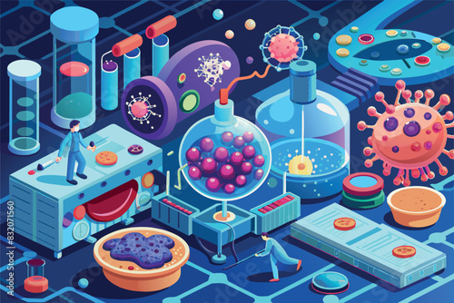 A science laboratory focused on microbiology and biochemistry. It shows various laboratory instruments, flasks, test tubes, microscopes and petri plates with colorful substances and cells.