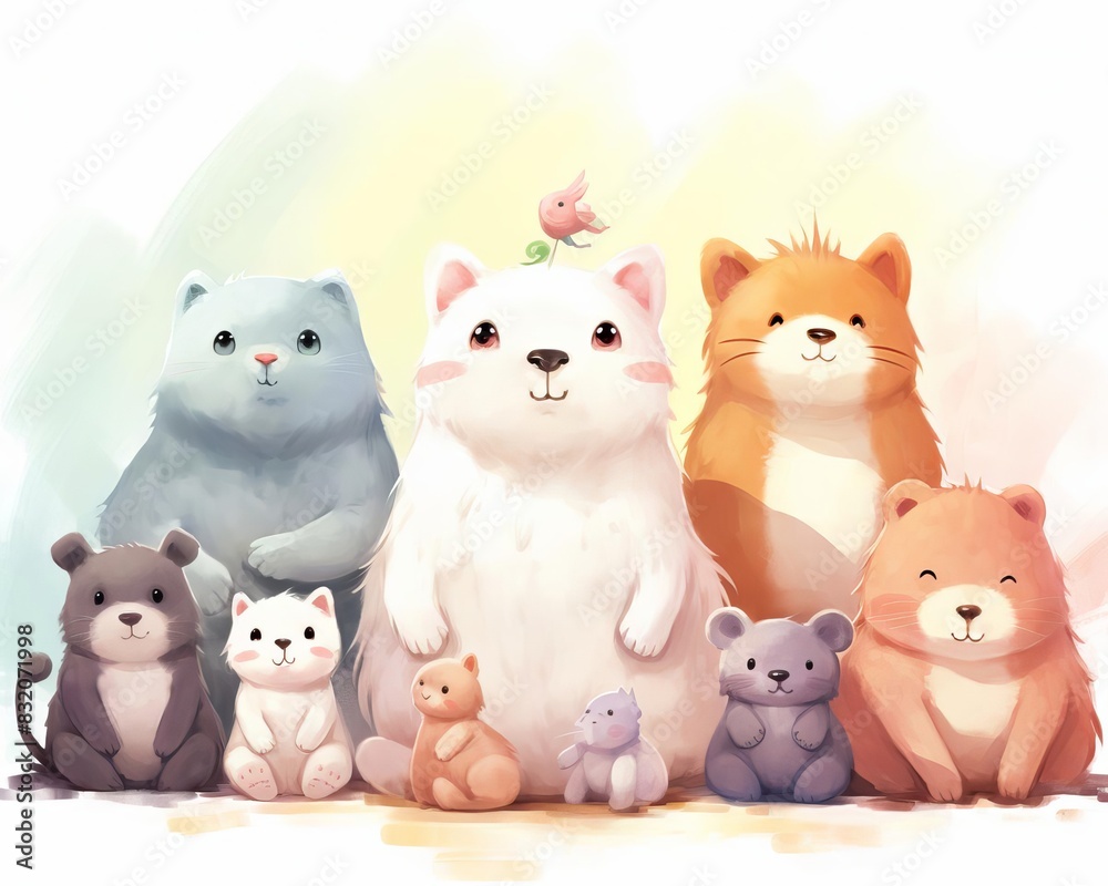 Naklejka premium Cute cartoon animals doing yoga, Childlike, Pastel shades, Digital painting, Playful and relaxingwhite background,