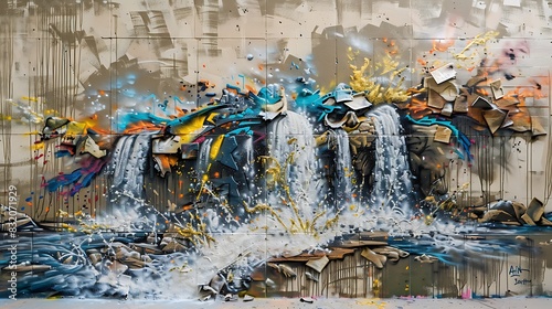 A wall with graffiti art that captures the motion of a cascading waterfall