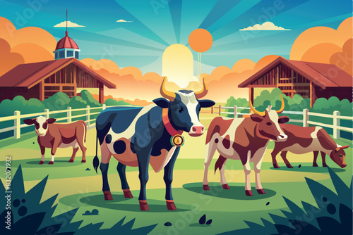 Rural scene at dawn or dusk with bright colors. Three cows can be seen in the foreground. Each of them has bells hanging around their necks. Behind them is a fenced pasture and several houses 