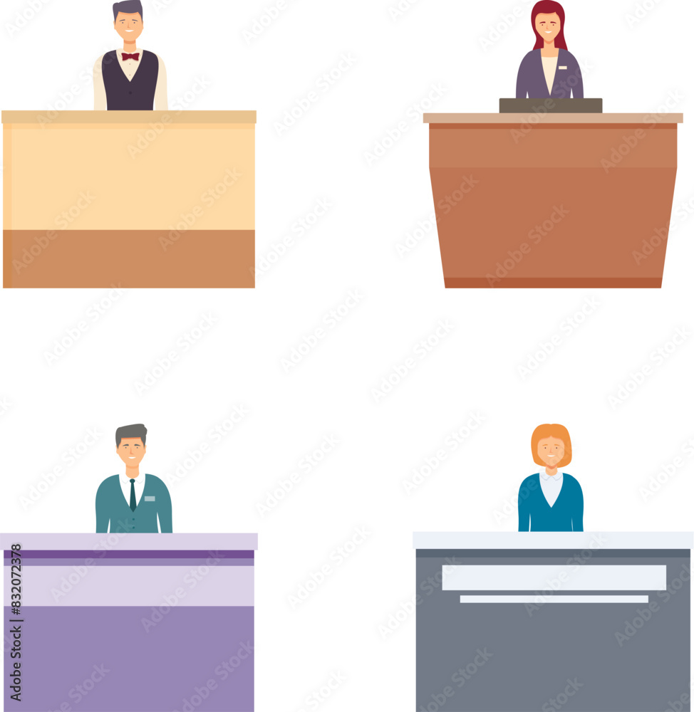 Set of diverse receptionists at their stations, helpful for various service illustrations Set of diverse receptionists at their stations, helpful for various service illustrations