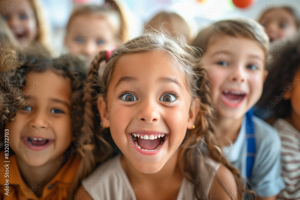 Adorable children looking excited and happy, smiling and laughing joyfully in a classroom on the last day of school