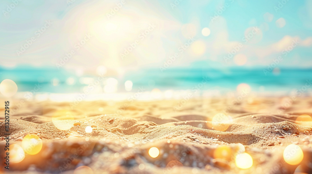 Obraz premium Pure relaxation at a sun-kissed summer beach with bokeh lights under a tranquil sky,