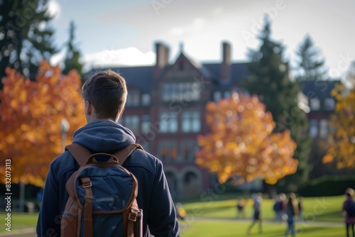 Back view of Caucasian student outdoor. Young man European stylish guy with backpack going to college, university, classroom or campus. Concept of back to school and education. High school.