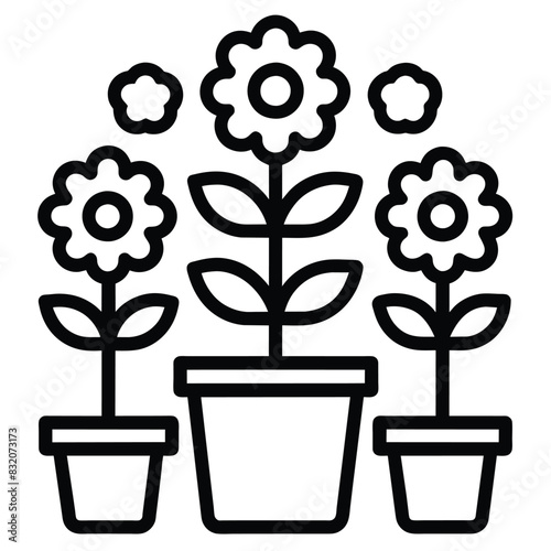 Set of Solid color outline Office tree flower in a pot. Interior, home comfort. Vector icon