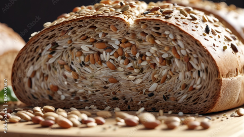 Nutrient-dense whole grain bread, dense with seeds and grains, freshly baked in a cozy artisanal bakery, Generative AI Nutrient-dense whole grain bread, dense with seeds and grains, freshly baked in a cozy artisanal bakery, Generative AI