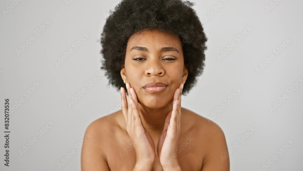 Portrait of a confident young woman with curly hair against a white background, showcasing natural beauty. Portrait of a confident young woman with curly hair against a white background, showcasing natural beauty.