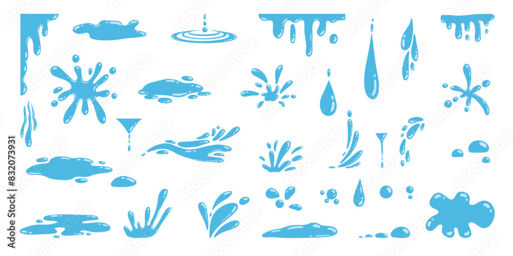 Cartoon blue dripping water drops, splashes, sprays and tears. Liquid flow, wave, stream and puddles. Nature water motion shapes vector set. Illustration of rain water drop, liquid splash