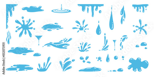 Cartoon blue dripping water drops, splashes, sprays and tears. Liquid flow, wave, stream and puddles. Nature water motion shapes vector set. Illustration of rain water drop, liquid splash photo