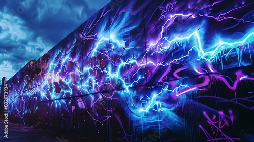 A wall with graffiti art that captures the essence of a thunderstorm, electrifying blues and purples