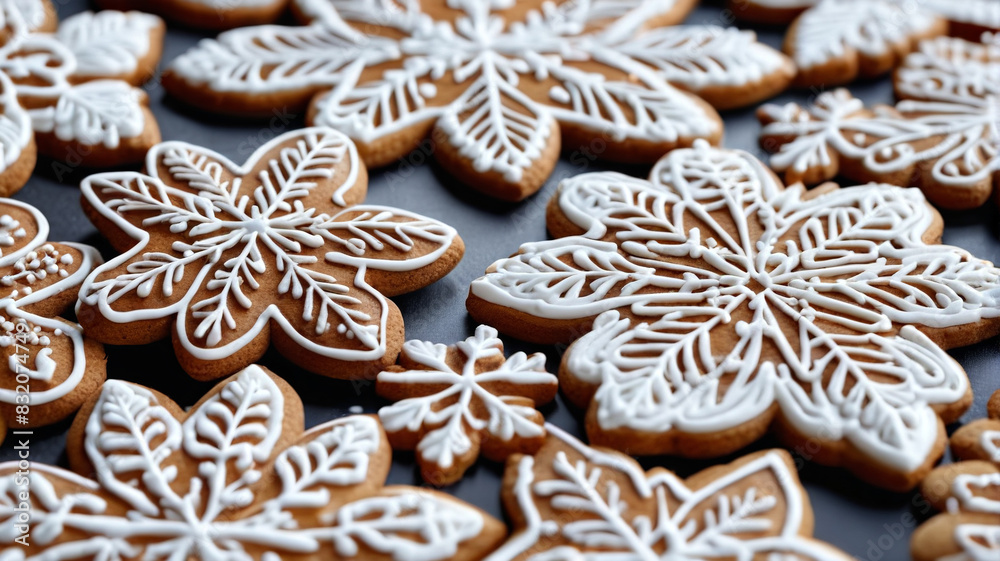 Crunchy gingerbread cookies decorated with intricate patterns of royal icing, a festive delight for holiday gatherings, Generative AI