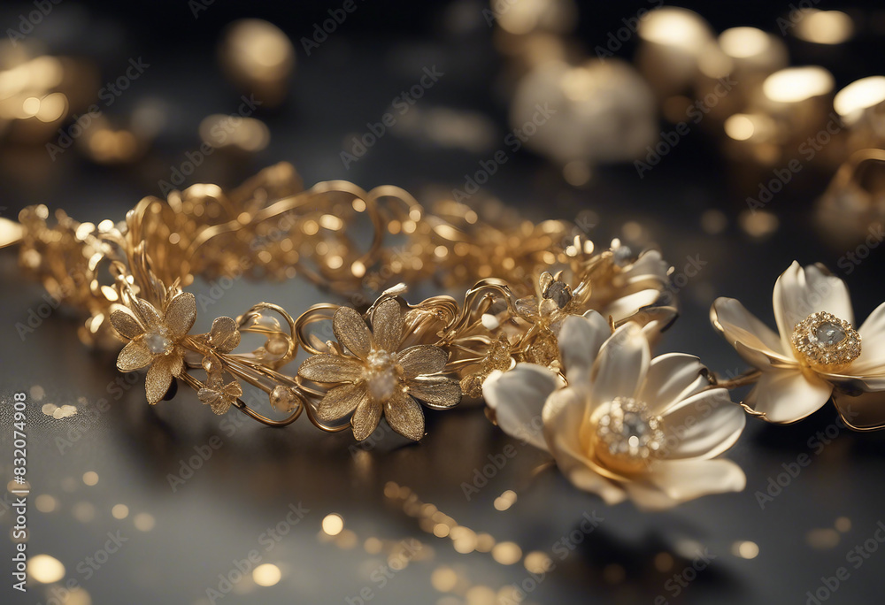 3d mural illustration background with golden jewelry and flowers in black decorative wallpaper 3d mural illustration background with golden jewelry and flowers in black decorative wallpaper