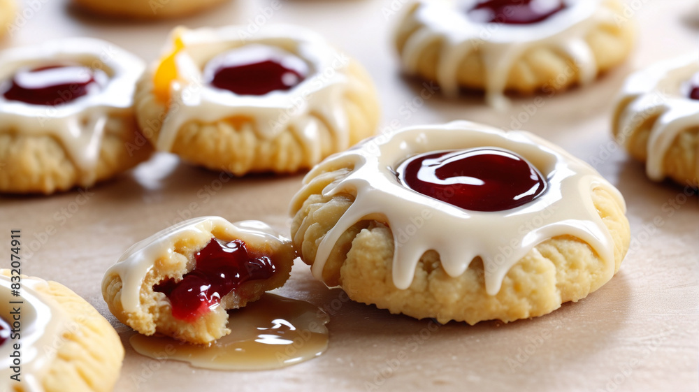 Buttery thumbprint cookies filled with sweet jam and drizzled with a delicate vanilla glaze, a delightful treat for any occasion, Generative AI Buttery thumbprint cookies filled with sweet jam and drizzled with a delicate vanilla glaze, a delightful treat for any occasion, Generative AI