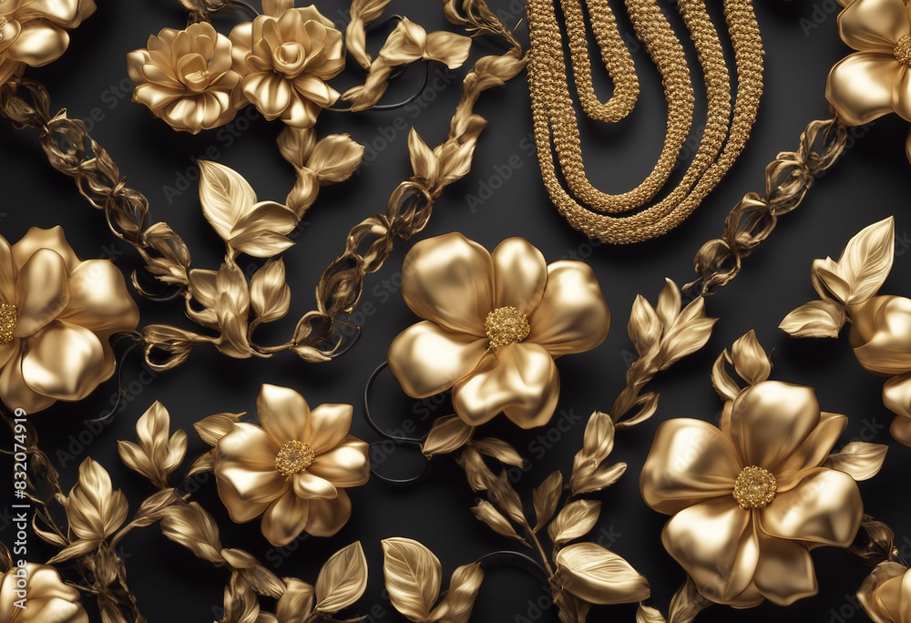 3d mural illustration background with golden jewelry and flowers in black decorative wallpaper 3d mural illustration background with golden jewelry and flowers in black decorative wallpaper