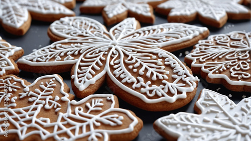 Crunchy gingerbread cookies decorated with intricate patterns of royal icing, a festive delight for holiday gatherings, Generative AI
