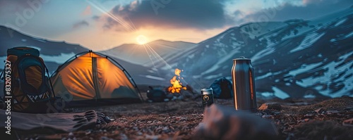 Camping in the mountains at sunset with a glowing tent, a blazing campfire, and scenic snowy peaks in the background. Outdoor adventure vibes. photo