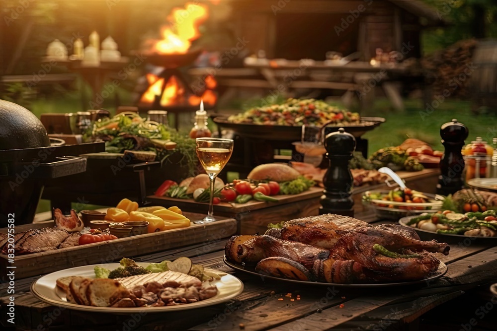 A lavish outdoor dining table set with grilled meats, vegetables, and drinks under the warm evening glow, perfect for a summer feast.