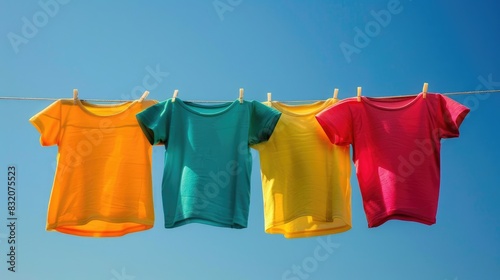 Brightly colored T shirts hanging on a clothesline under a clear blue sky