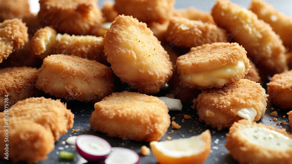 An array of deep-fried snacks like chicken nuggets, mozzarella sticks, and onion rings sprawled across the kitchen counter, indulgent but detrimental to health, Generative AI An array of deep-fried snacks like chicken nuggets, mozzarella sticks, and onion rings sprawled across the kitchen counter, indulgent but detrimental to health, Generative AI