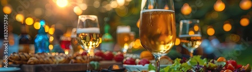 Festive outdoor dining table setup with drinks, fruits, and snacks against a warm, glowing background. Perfect for parties and celebrations. photo