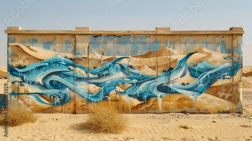 A wall with graffiti art that captures the essence of a desert oasis, cool blues against warm sand tones