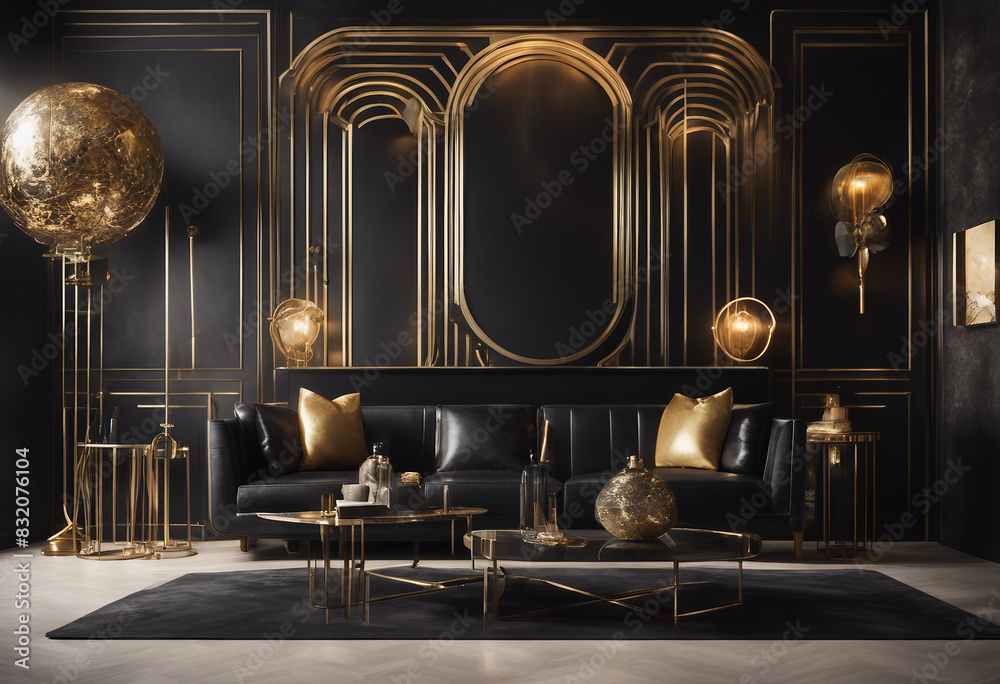 Art deco style interior design of modern living room with black wall and golden decor pieces Art deco style interior design of modern living room with black wall and golden decor pieces
