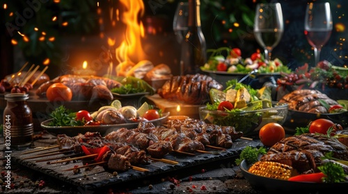 A delicious barbecue feast with grilled meats  fresh salads  and wine glasses set against a warm  inviting fire backdrop.