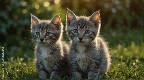 Two grey blue kitten cats on the grass in the garden