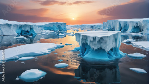 Melting polar ice caps depicted in an artwork, symbolizing the dire consequences of climate change, Generative AI photo