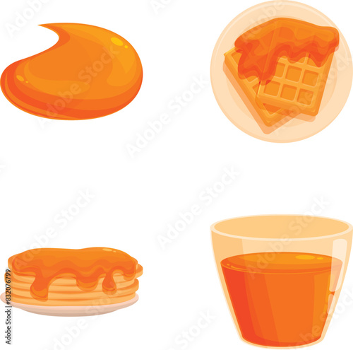 Illustration set of delicious breakfast delights including pancakes, waffles, and orange juice, in a vector format with editable elements, perfect for a cozy morning brunch menu