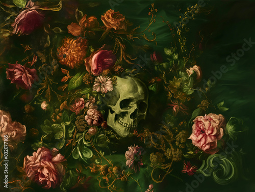Surreal art fantasy scene secret mysterious garden of flowers and plants, peonies, tulips, roses, orchids, fruits. Baroque, renaissance style, rich colors, dramatic lighting, oil painting illustration