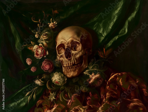 Surreal art fantasy scene secret mysterious garden of flowers and plants, peonies, tulips, roses, orchids, fruits. Baroque, renaissance style, rich colors, dramatic lighting, oil painting illustration