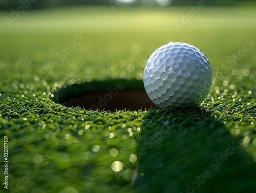 Closeup of a golf ball on the edge of the hole