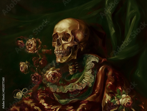 Surreal art fantasy scene secret mysterious garden of flowers and plants, peonies, tulips, roses, orchids, fruits. Baroque, renaissance style, rich colors, dramatic lighting, oil painting illustration