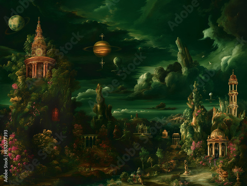 Surreal art fantasy scene secret mysterious garden of flowers and plants, peonies, tulips, roses, orchids, fruits. Baroque, renaissance style, rich colors, dramatic lighting, oil painting illustration