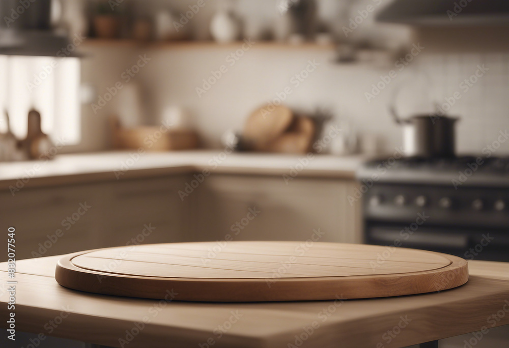 Blurred background of kitchen with round kitchen board or desk and space for you Wooden pedestal on