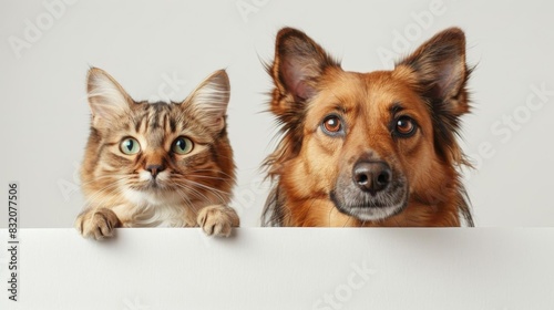 Smiling dog and curious cat peeking above a white banner  isolated on a white background  both looking engagingly at the viewer  highlighting themes of pet companionship and joy