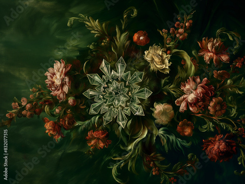 Surreal art fantasy scene secret mysterious garden of flowers and plants, peonies, tulips, roses, orchids, fruits. Baroque, renaissance style, rich colors, dramatic lighting, oil painting illustration