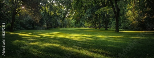 Sunny Serenity: Lush Green Parkland and Sunlit Meadow in 4K AI-Generated Wallpaper photo